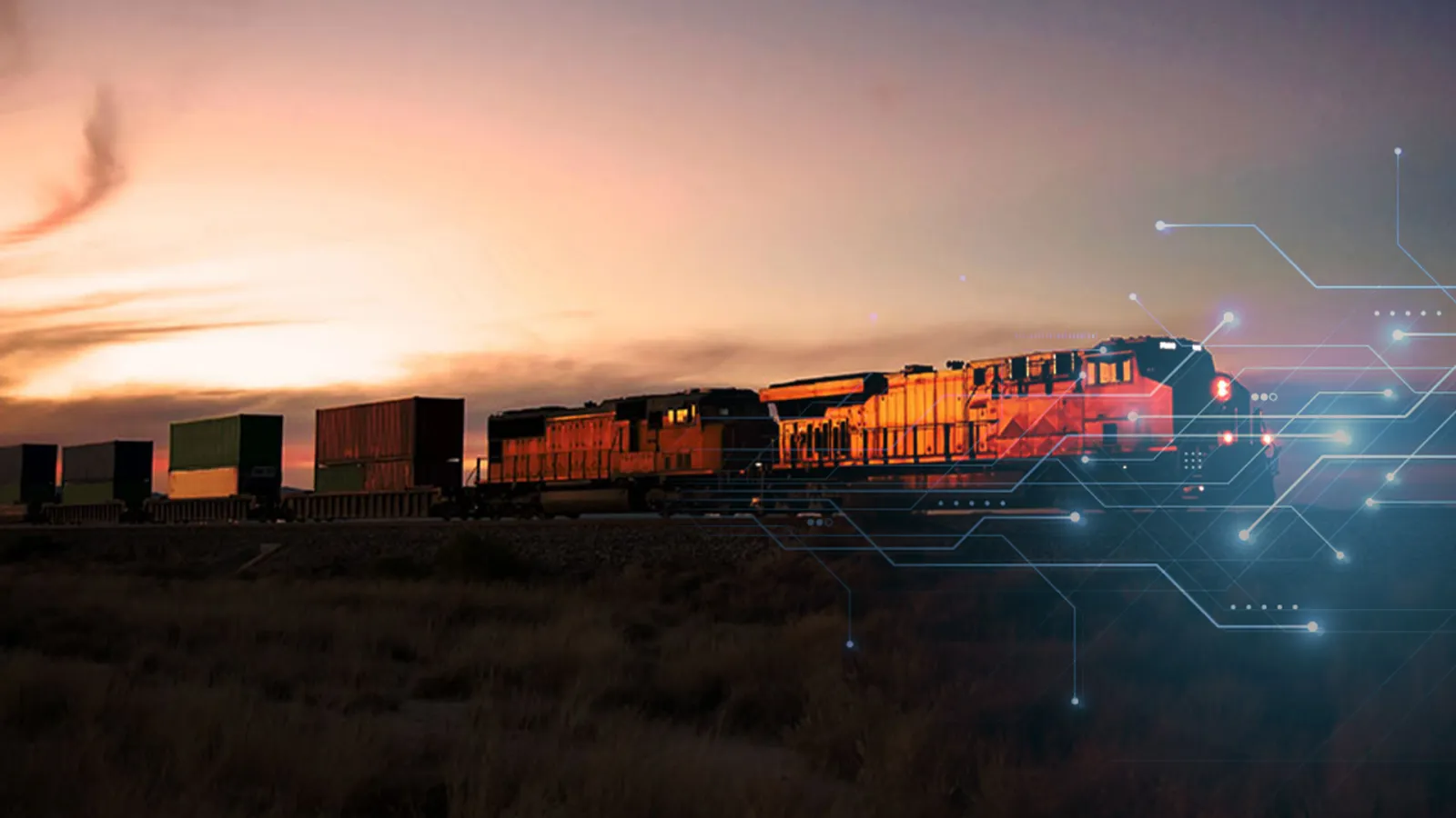 Freight train moving at sunset with digital network overlay representing smart logistics and technology.