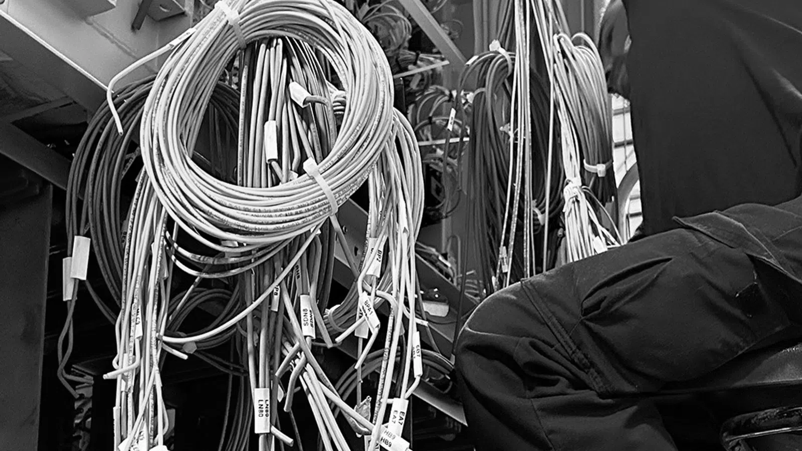 Technician working with numerous labeled cables and wires in a network or electrical control panel setup.