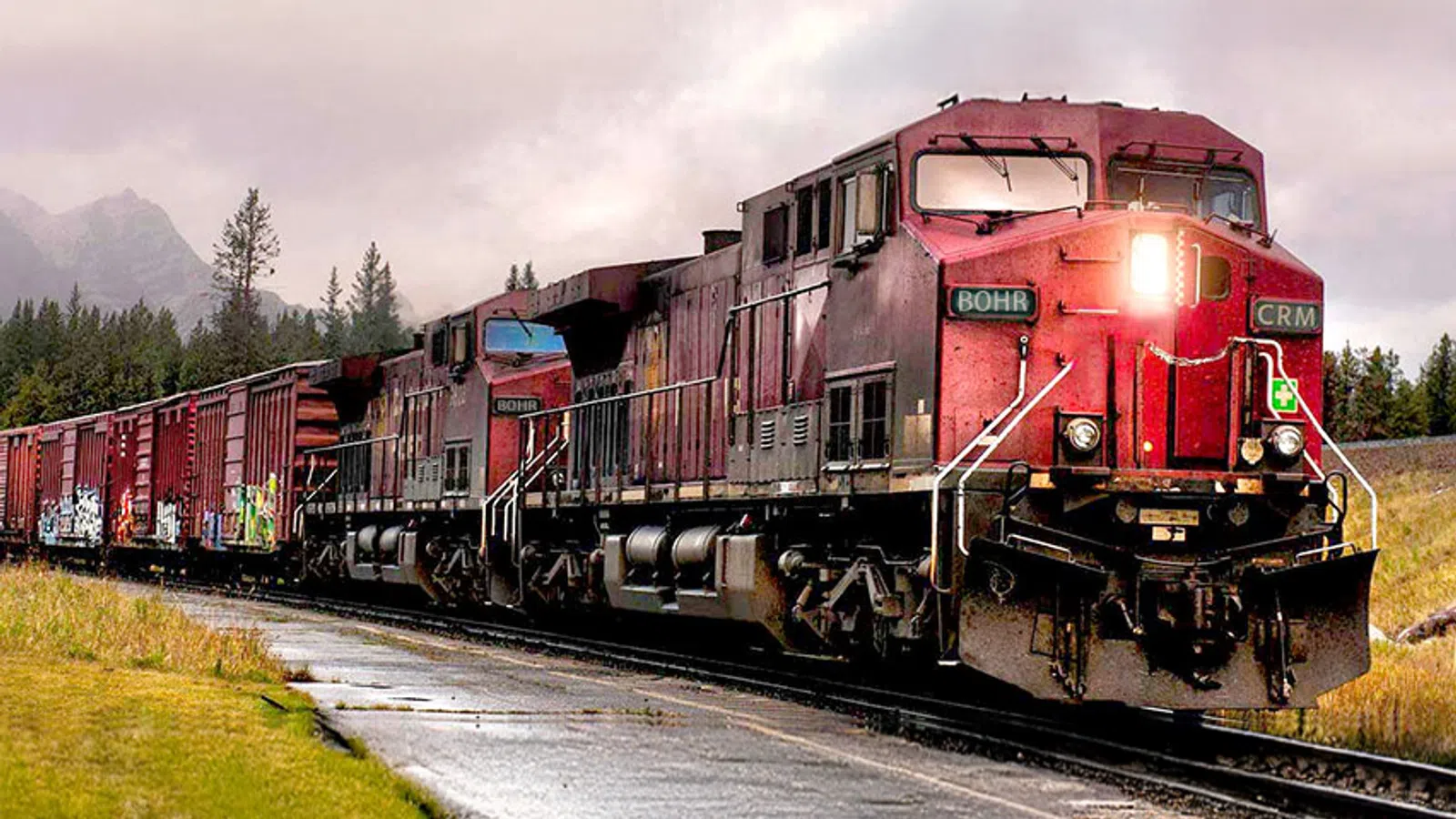 Red freight train with graffiti-covered cars traveling through a forested area on a cloudy day.