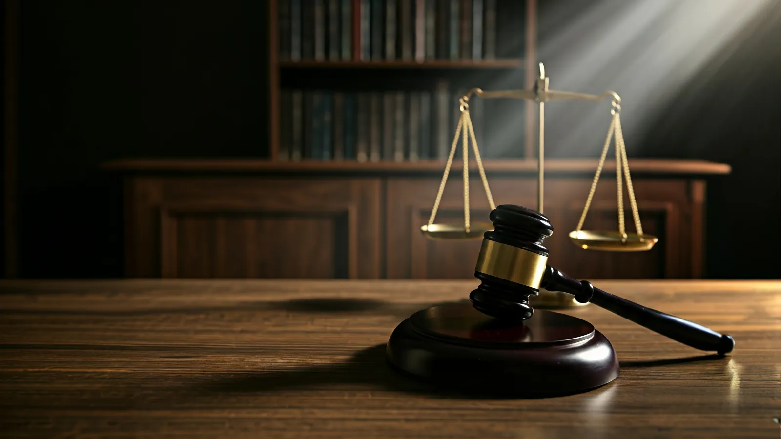 Judge's gavel on wooden desk with scales of justice and bookshelf in background under soft lighting