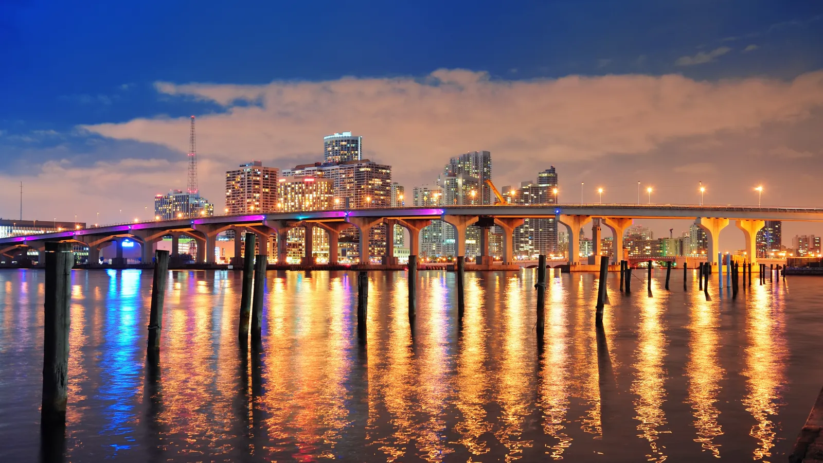 Night view of illuminated city skyline and bridge reflecting colorful lights on calm water.