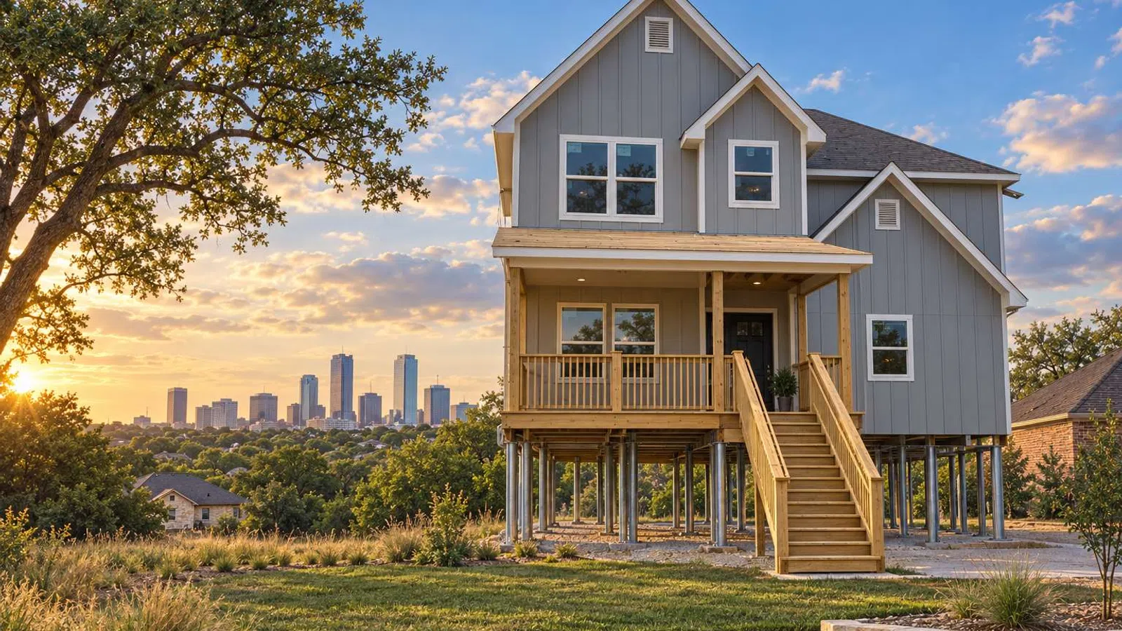 Modern elevated house on stilts with wooden stairs overlooking a city skyline at sunset with trees around