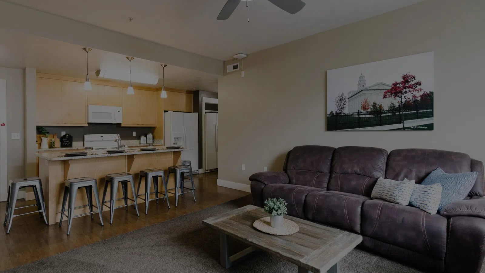a living room with a couch and a table