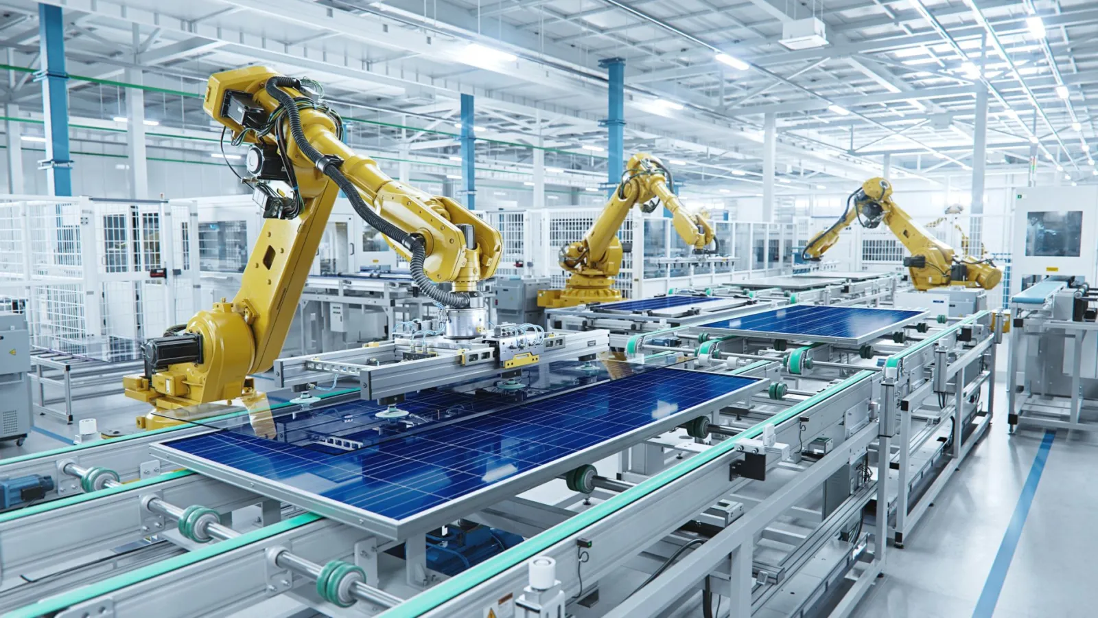 Robotic arms assembling solar panels on a conveyor belt in a modern automated factory setting.