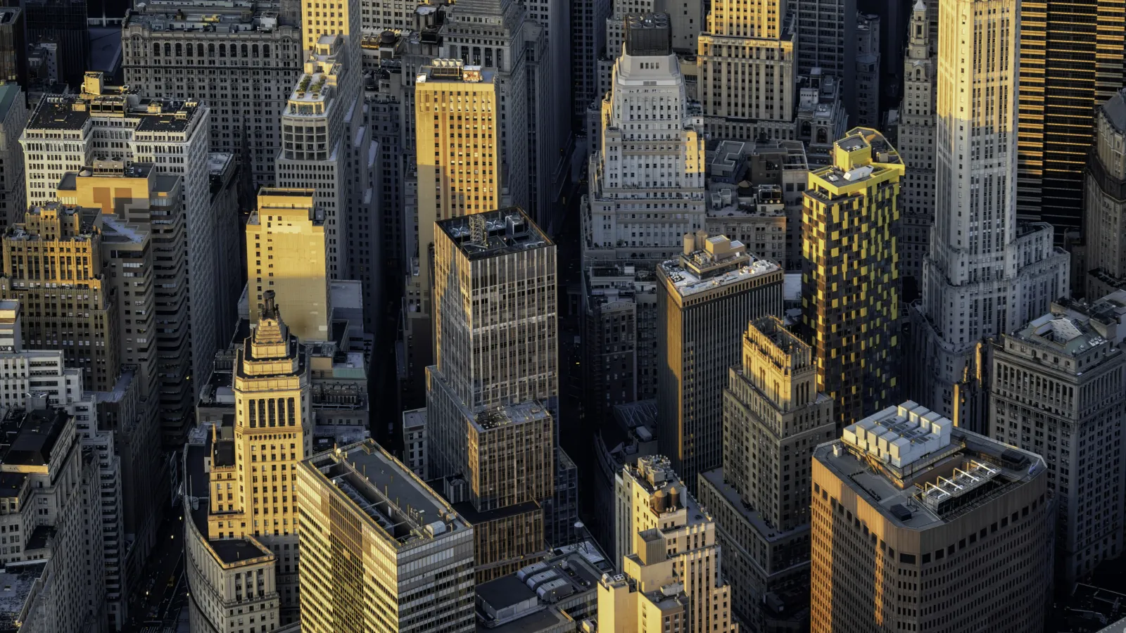 Aerial view of dense city skyscrapers bathed in golden sunlight during late afternoon in Manhattan.