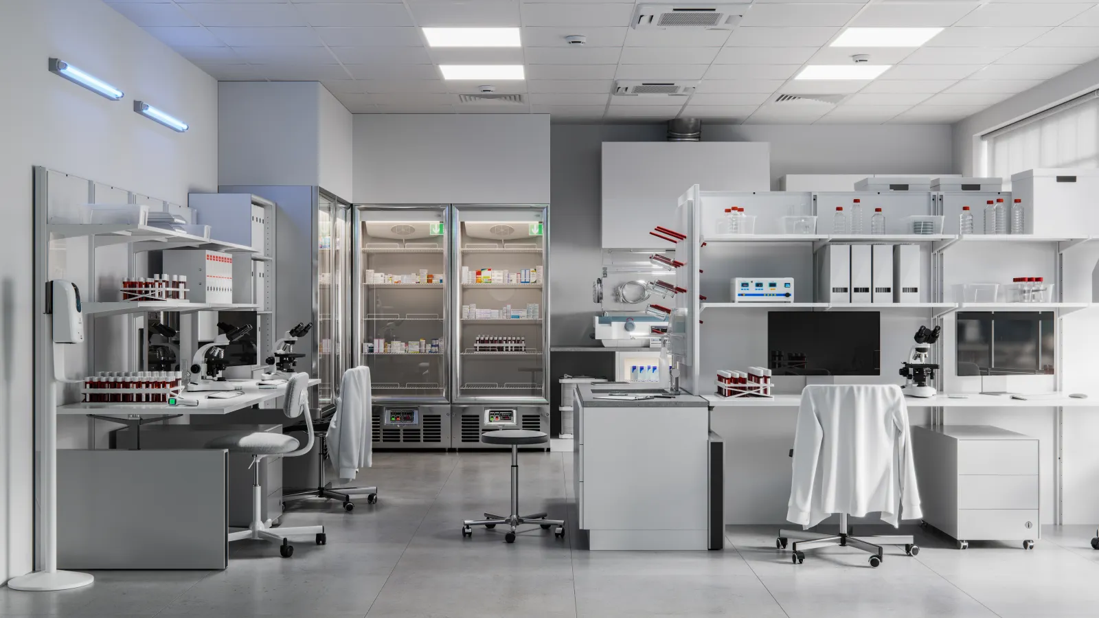a room with white cabinets and white desks
