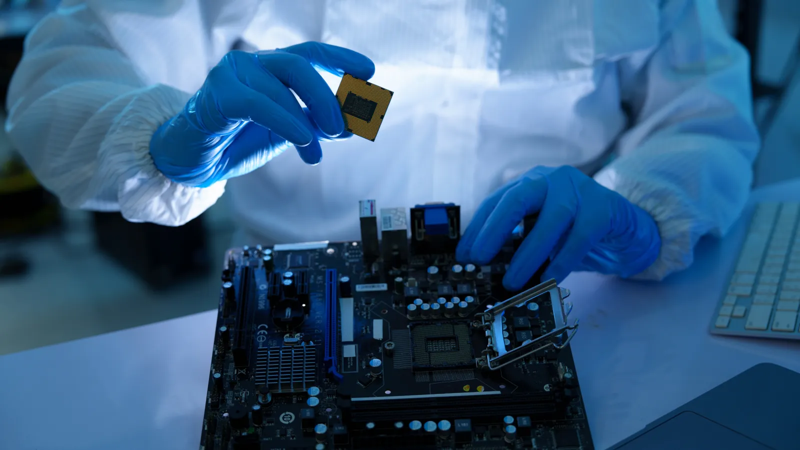Technician wearing gloves installs a CPU chip onto a computer motherboard in a lab environment.