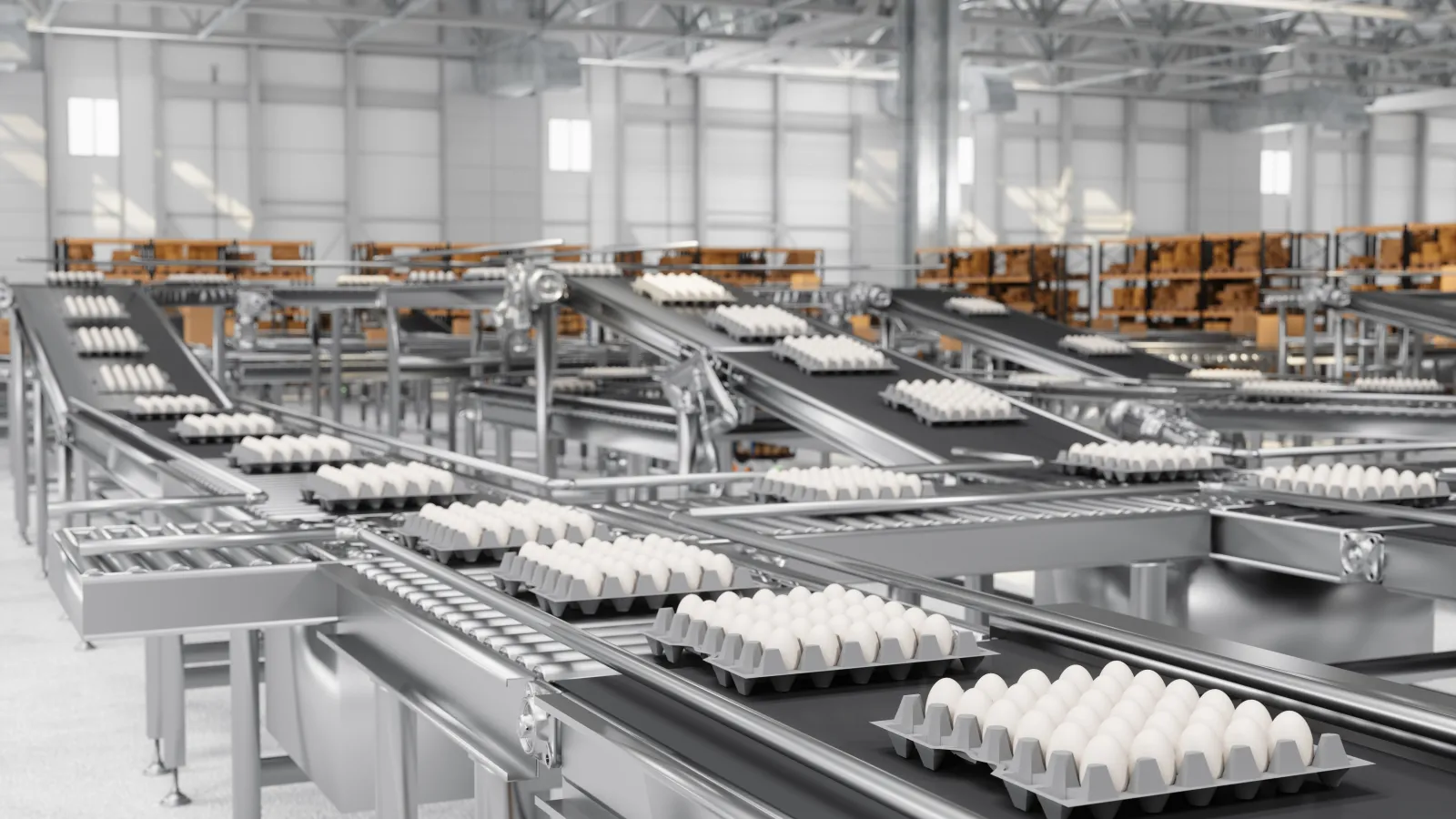 Efficient egg processing facility with trays of eggs on conveyor belts in a spacious industrial setting.