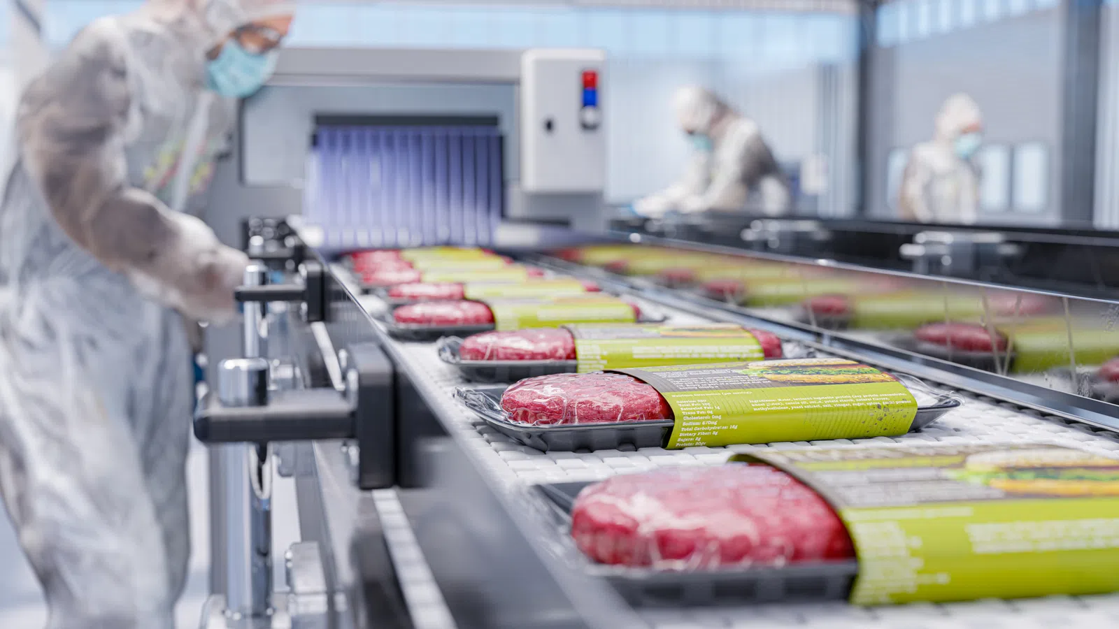 Factory workers in hygienic suits inspect packaged meat patties on a conveyor belt in a food processing plant.