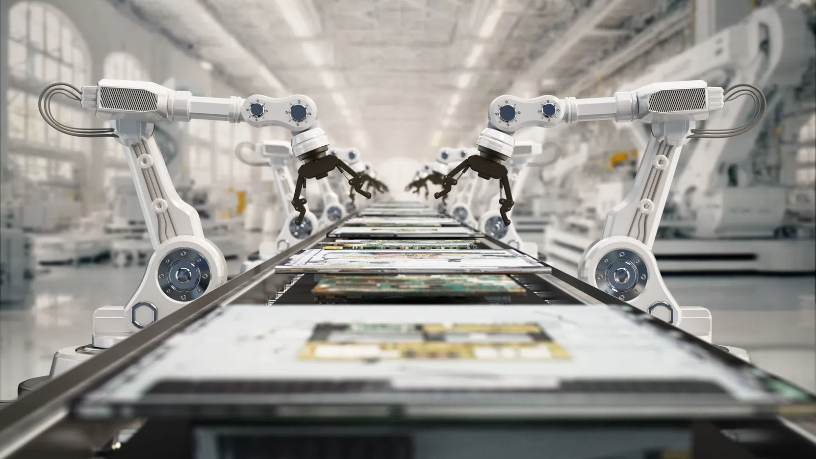 Robotic arms assembling electronic circuit boards on a high-tech factory conveyor belt in a bright industrial setting