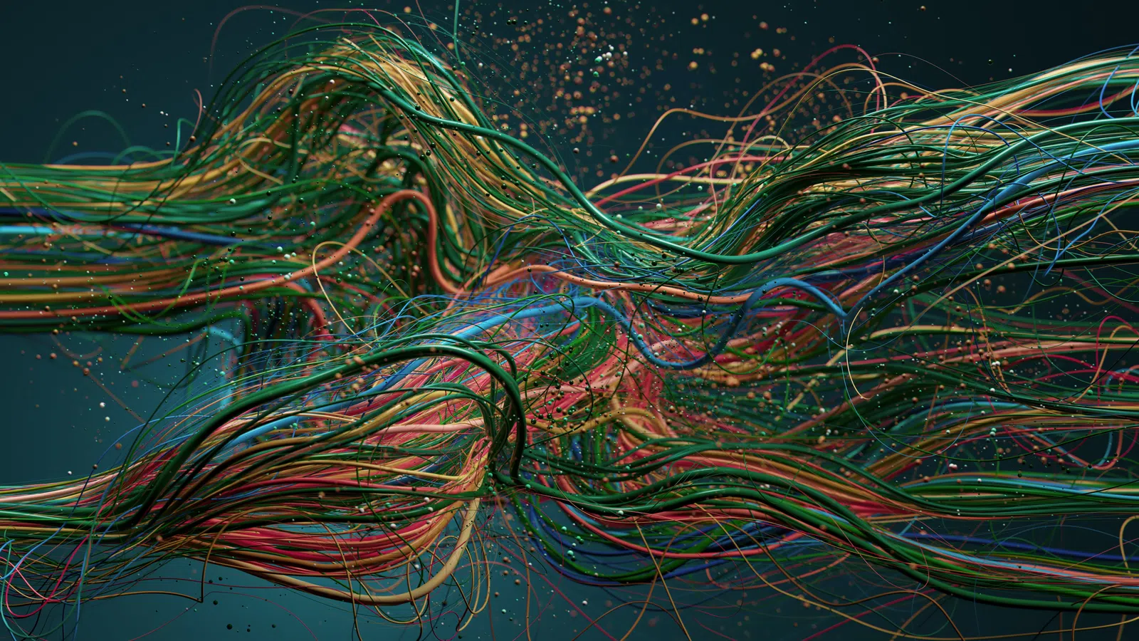 Colorful tangled wires and cables intertwined dynamically against a dark background with glowing particles.