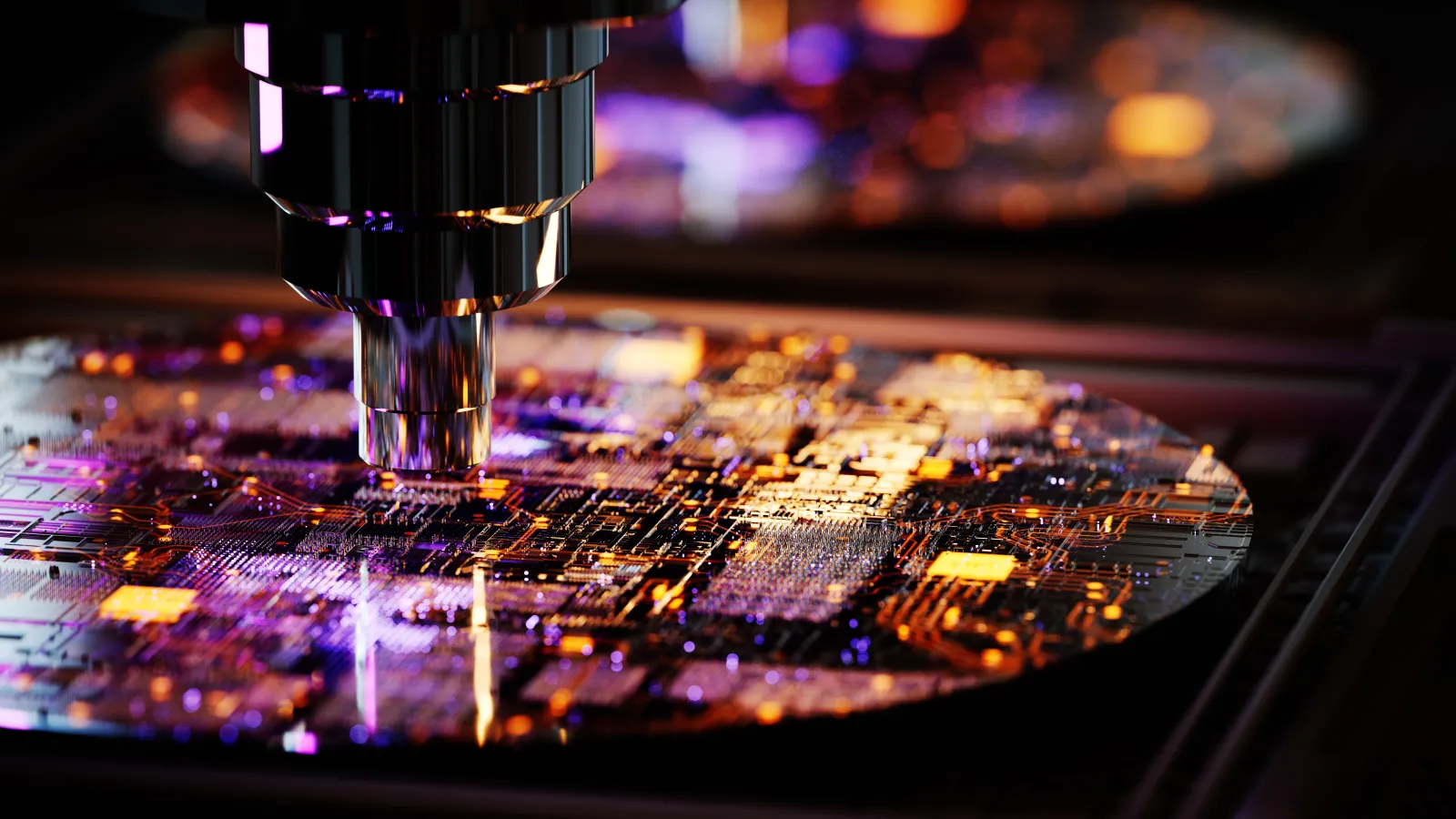 Close-up of semiconductor wafer being inspected or processed under a precision machine in a high-tech environment