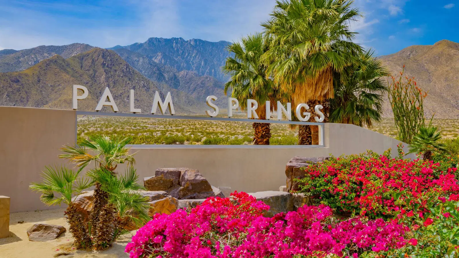 Palm Springs sign with desert landscape, palm trees, vibrant pink flowers, and mountains in the background under blue sky