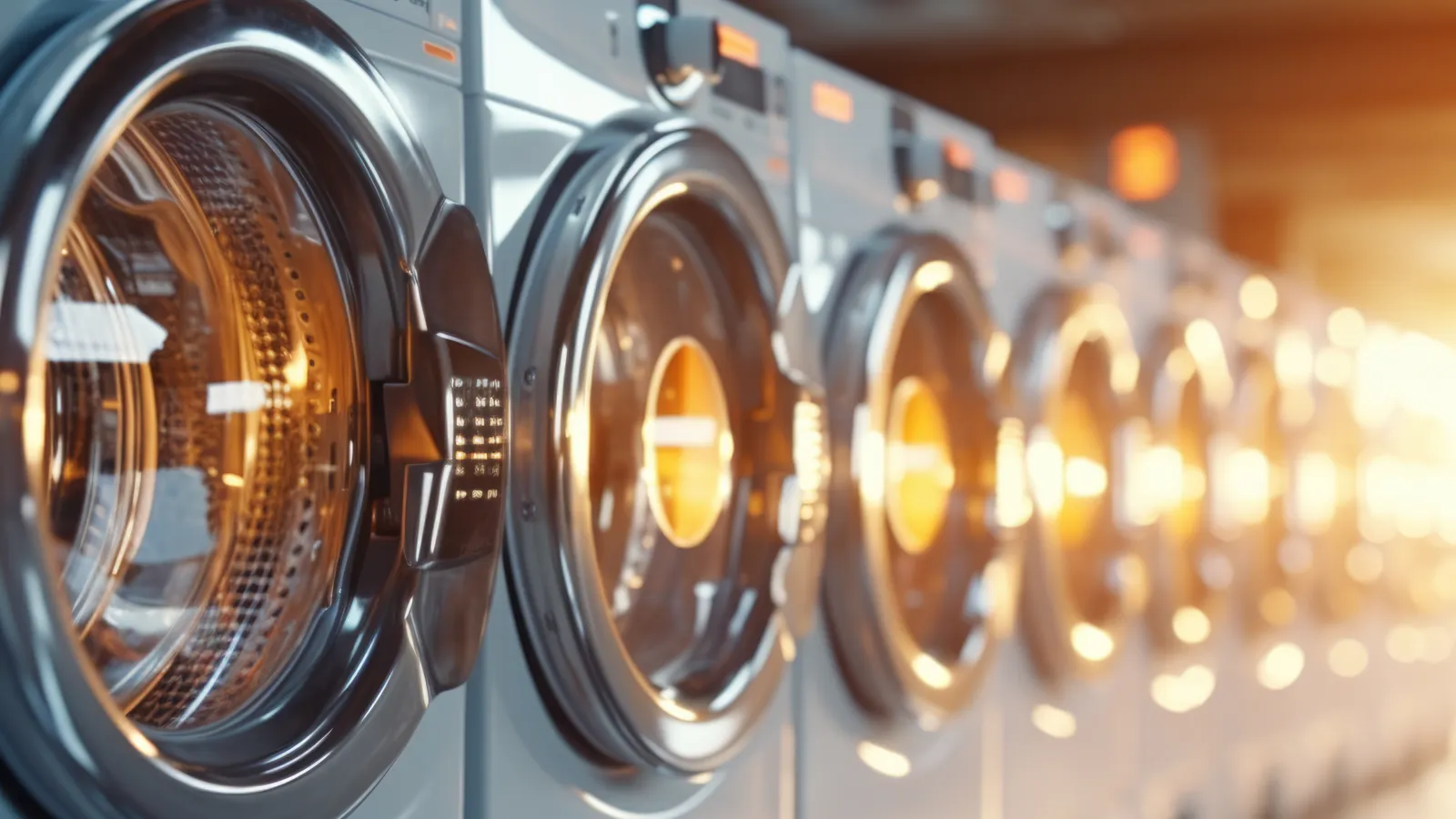 Row of front-loading washing machines in a laundromat with warm lighting and reflective glass doors.