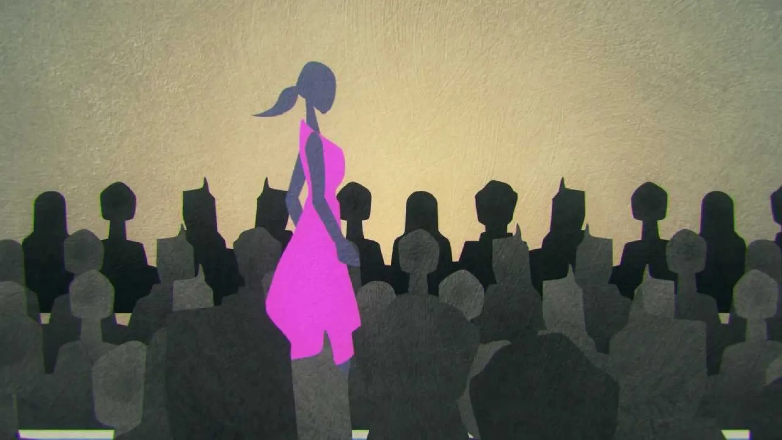 Silhouetted crowd with a central figure in bright pink dress standing out prominently in the group.