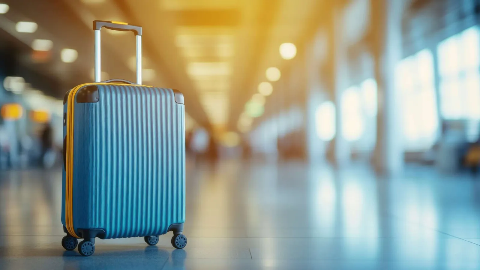 Blue hard-shell suitcase with extended handle standing on airport terminal floor with blurred lights.