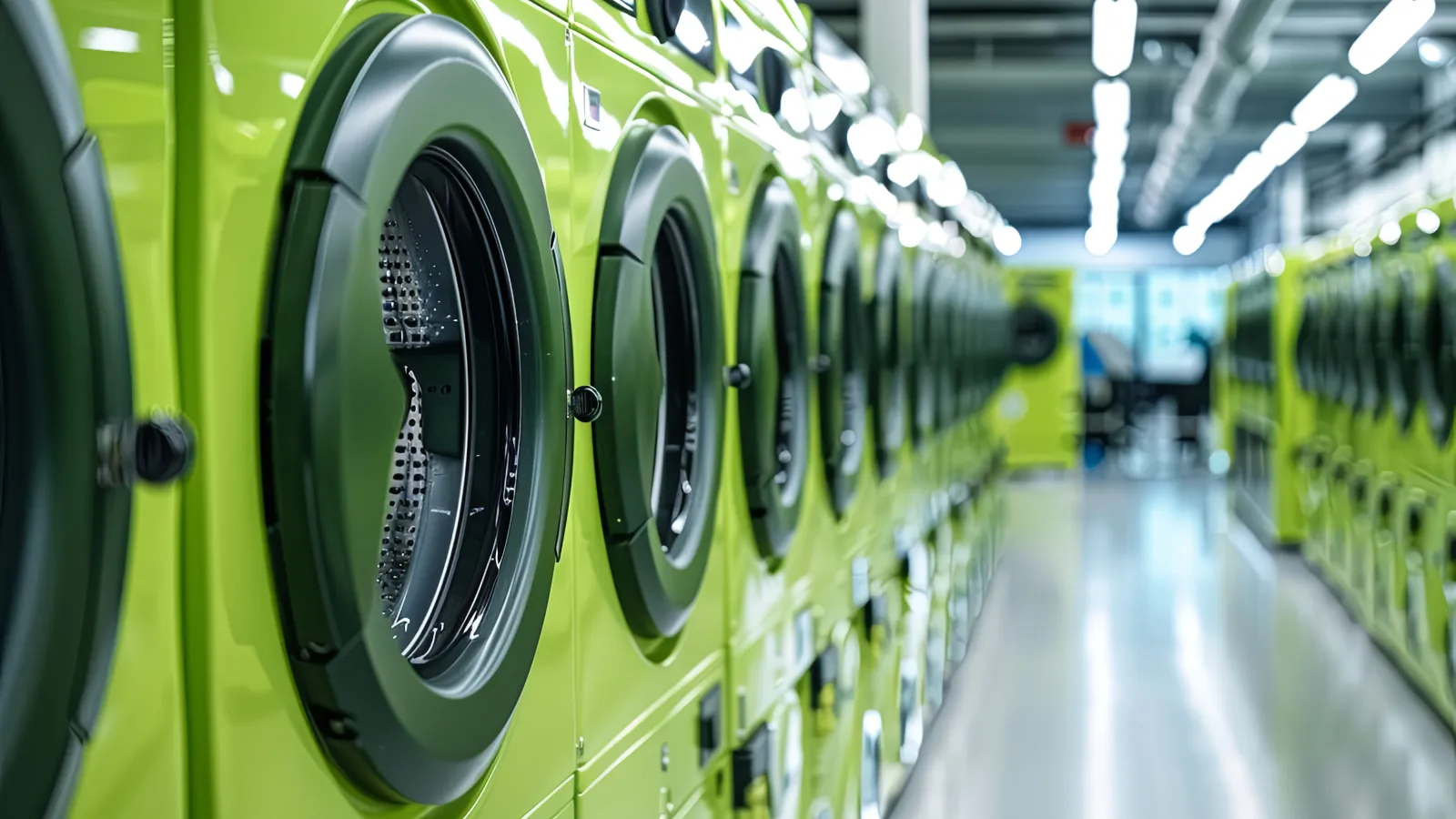 Row of bright green front-loading washing machines in a clean, modern laundromat with reflective floor and overhead lights