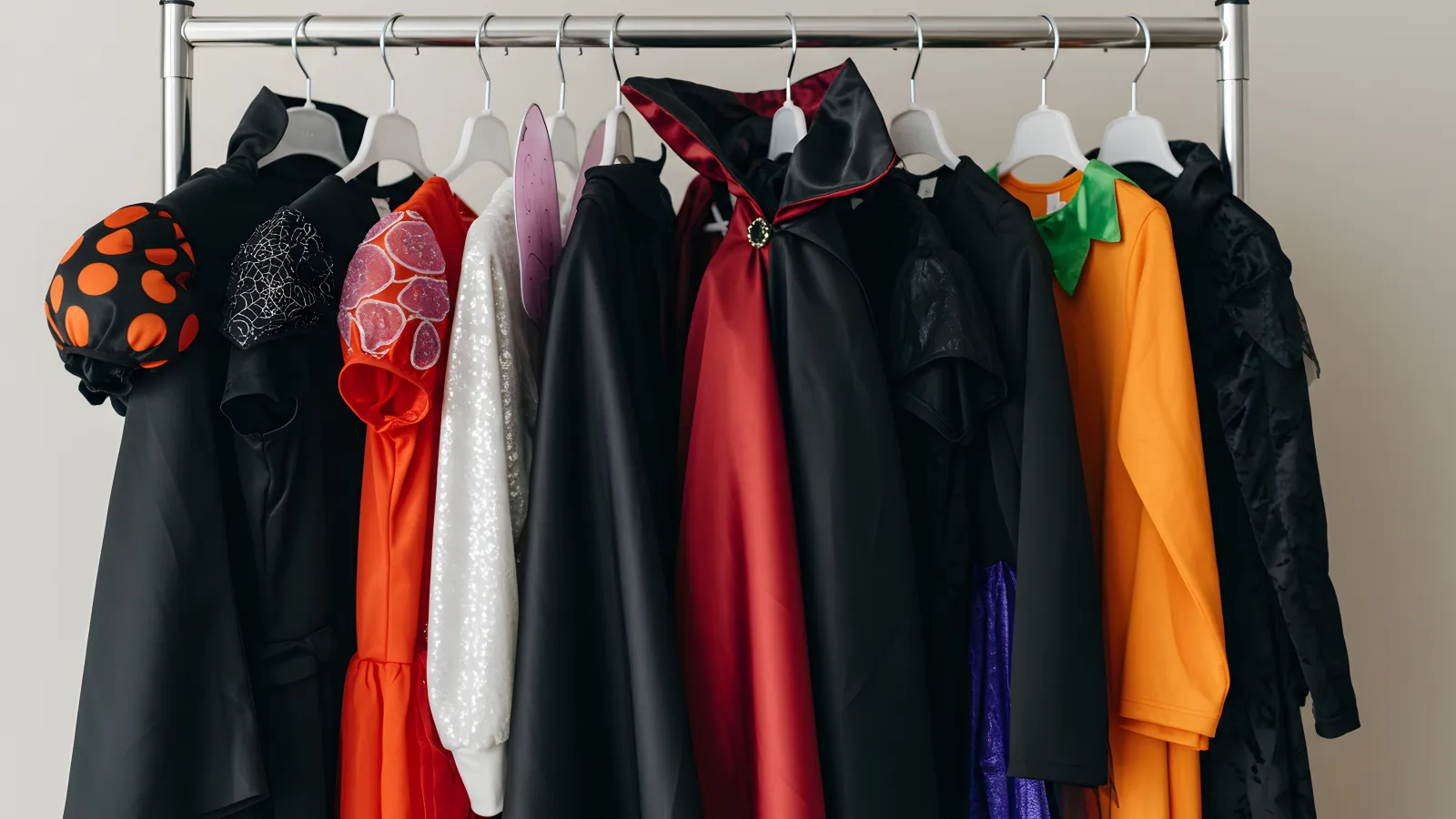 Halloween costumes including vampire, pumpkin, spider web, and witch dresses hanging on a clothing rack.