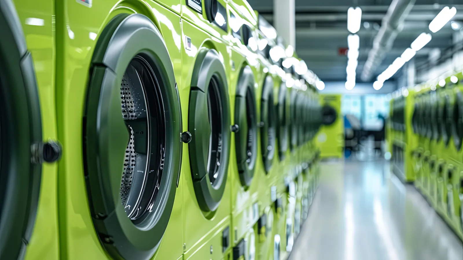 Row of lime green front-loading washing machines in a bright, modern laundromat with polished floors and ceiling lights.