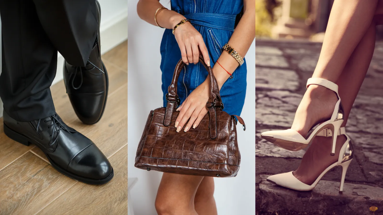 Man wearing polished black dress shoes, woman holding brown leather handbag, and woman in white high heels outdoors.