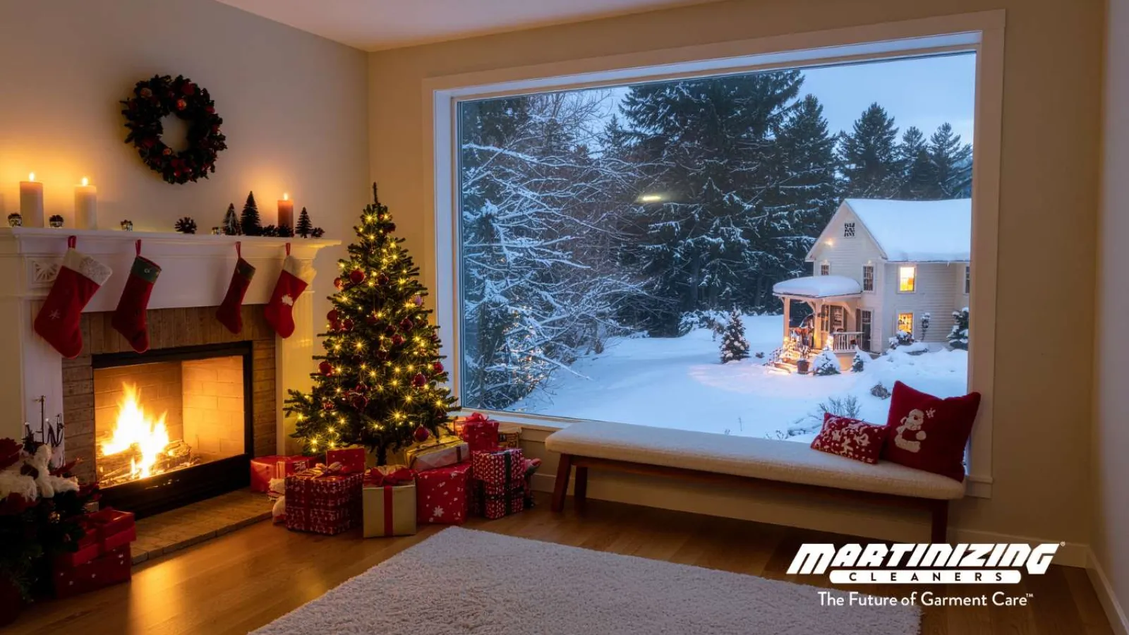 Cozy living room with Christmas tree, presents, fireplace, and snowy winter view through large window