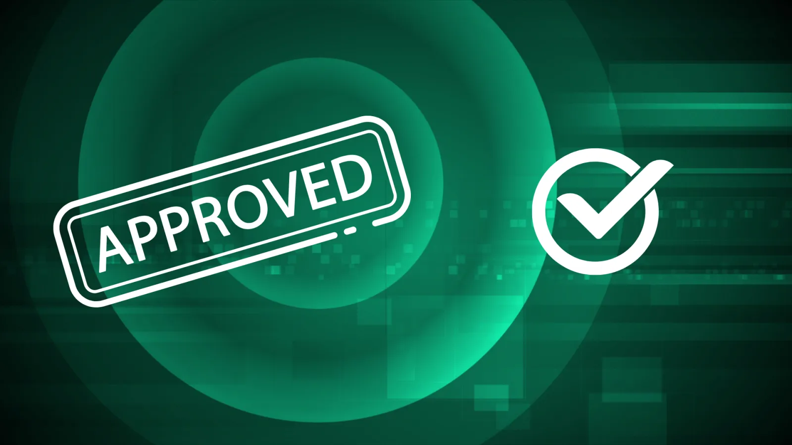 Green digital background with approved stamp and checkmark symbol indicating confirmation