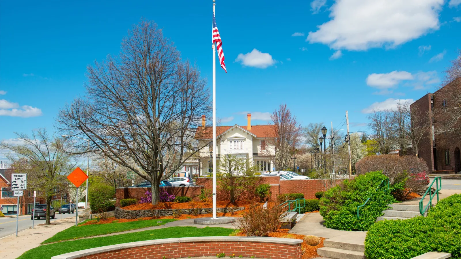 a flagpole with a flag on it in a park