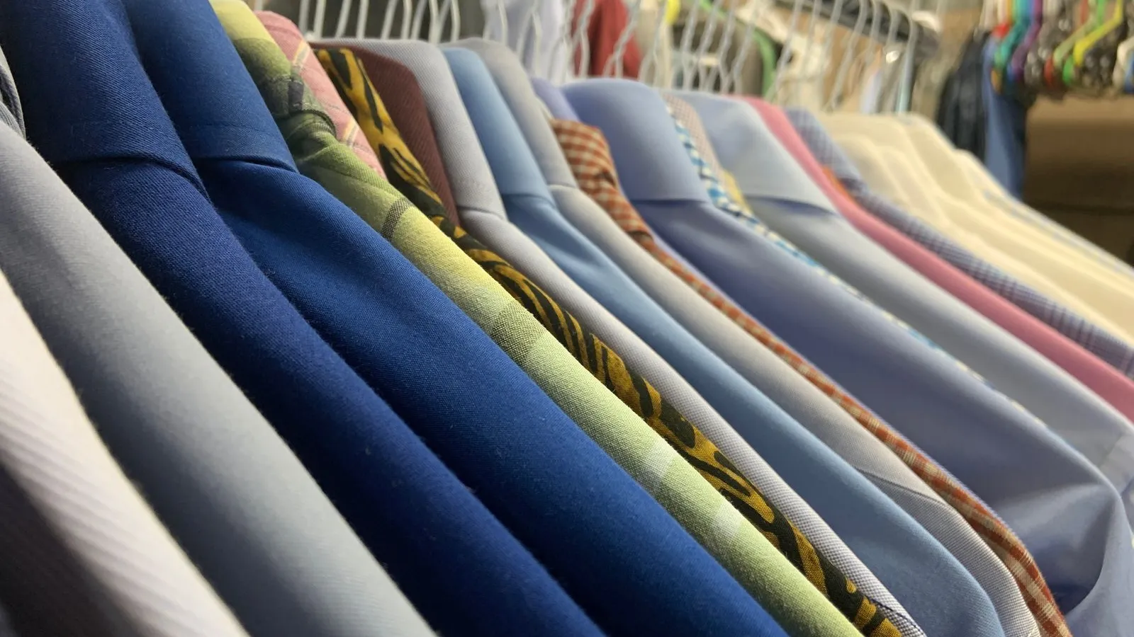 a row of blue and red striped seats