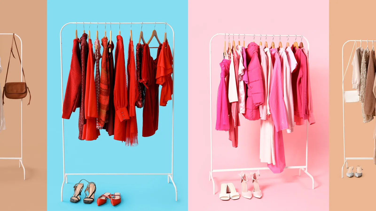Five clothing racks and mannequins display outfits in pastel, beige, red, pink, and monochrome colors with matching shoes and accessories.