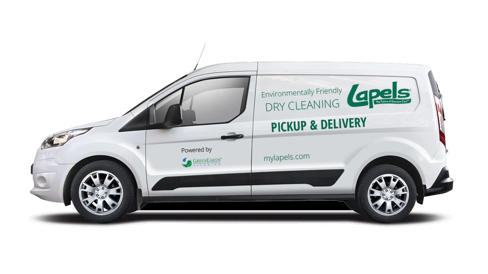 White Lapels dry cleaning pickup and delivery van with environmentally friendly branding and website URL.