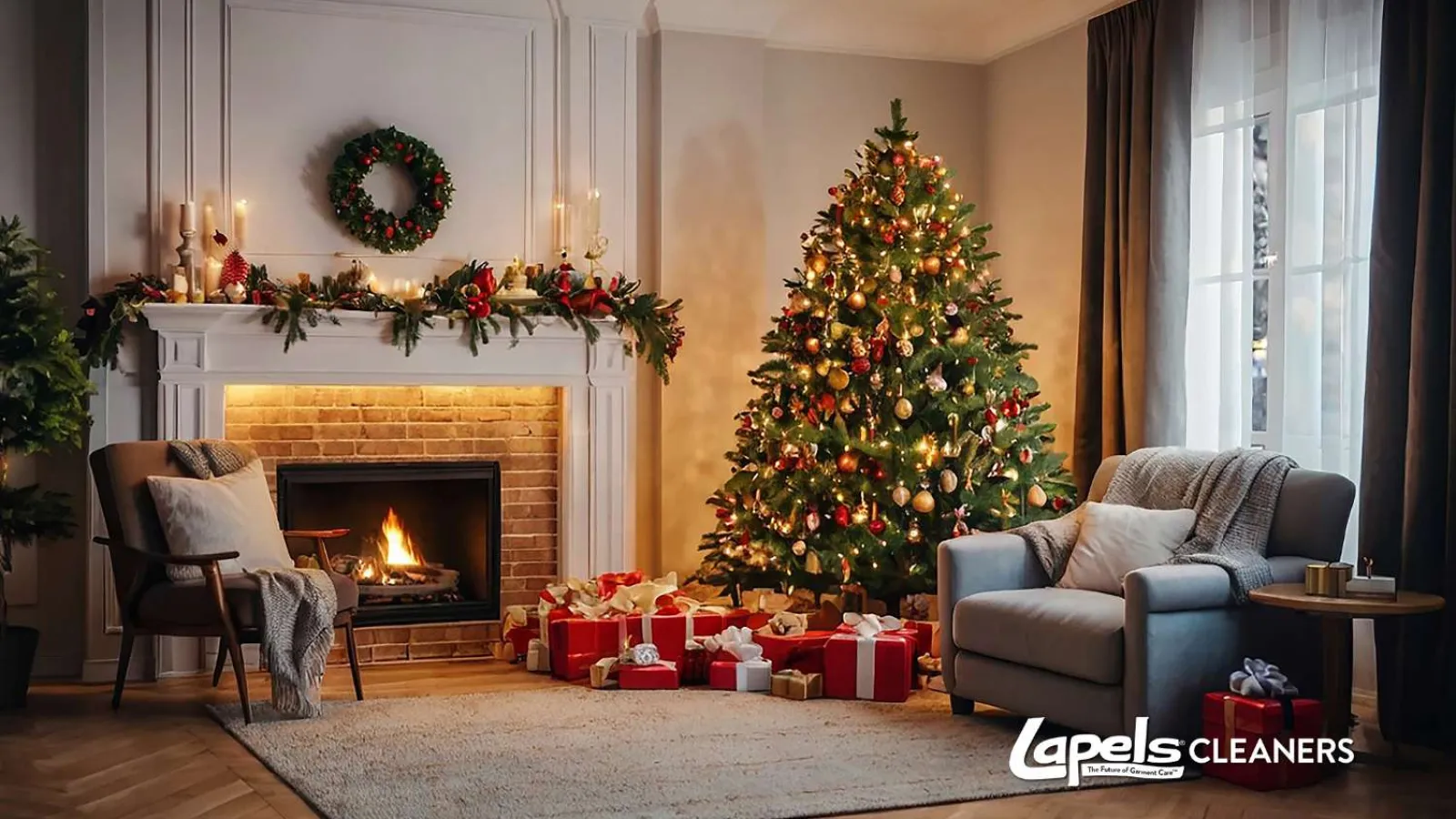 Cozy living room with decorated Christmas tree, fireplace, wrapped gifts, and comfortable seating for holiday celebration.