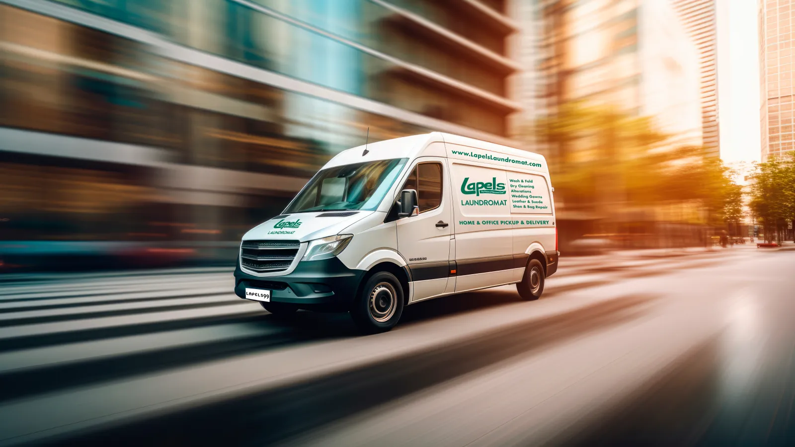 White Lapels Laundromat delivery van moving fast on city street during sunset with blurred background.