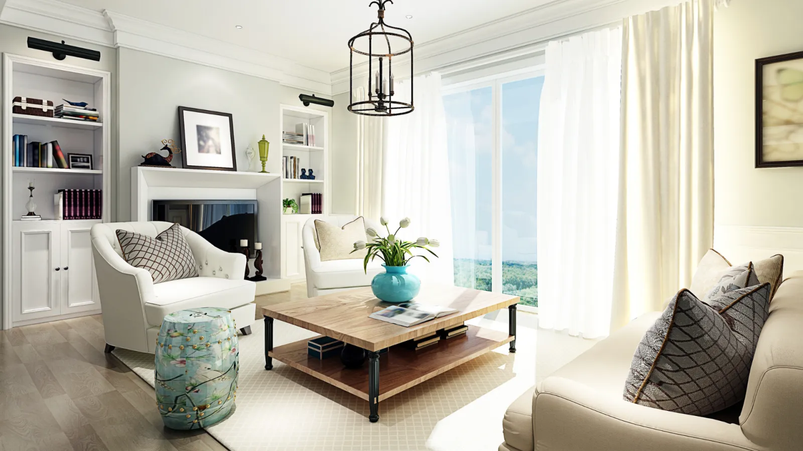 Bright modern living room with white furniture, wooden coffee table, tall windows, and decorative shelves by fireplace.
