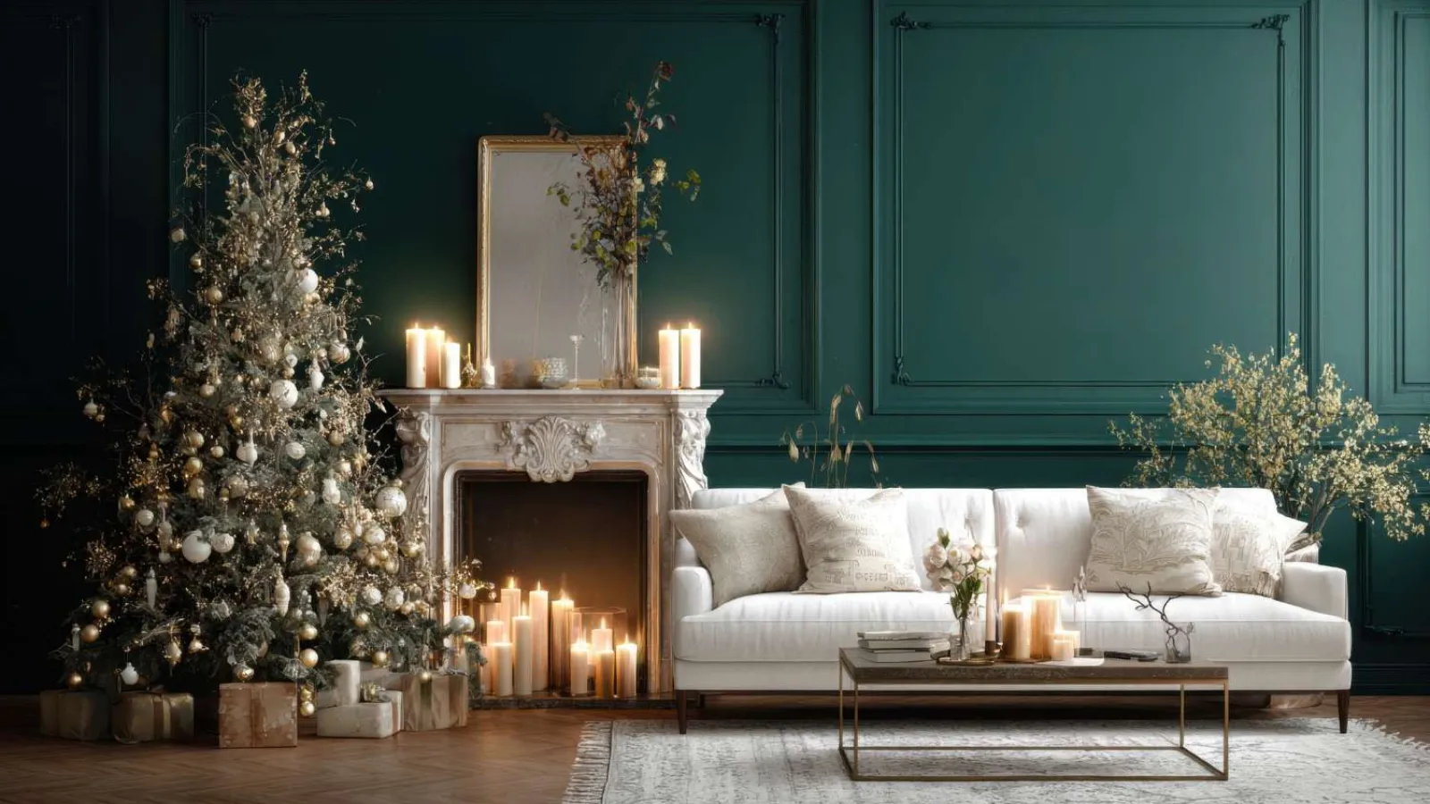 Elegant living room with dark green walls, decorated Christmas tree, white sofa, and candles by the fireplace.