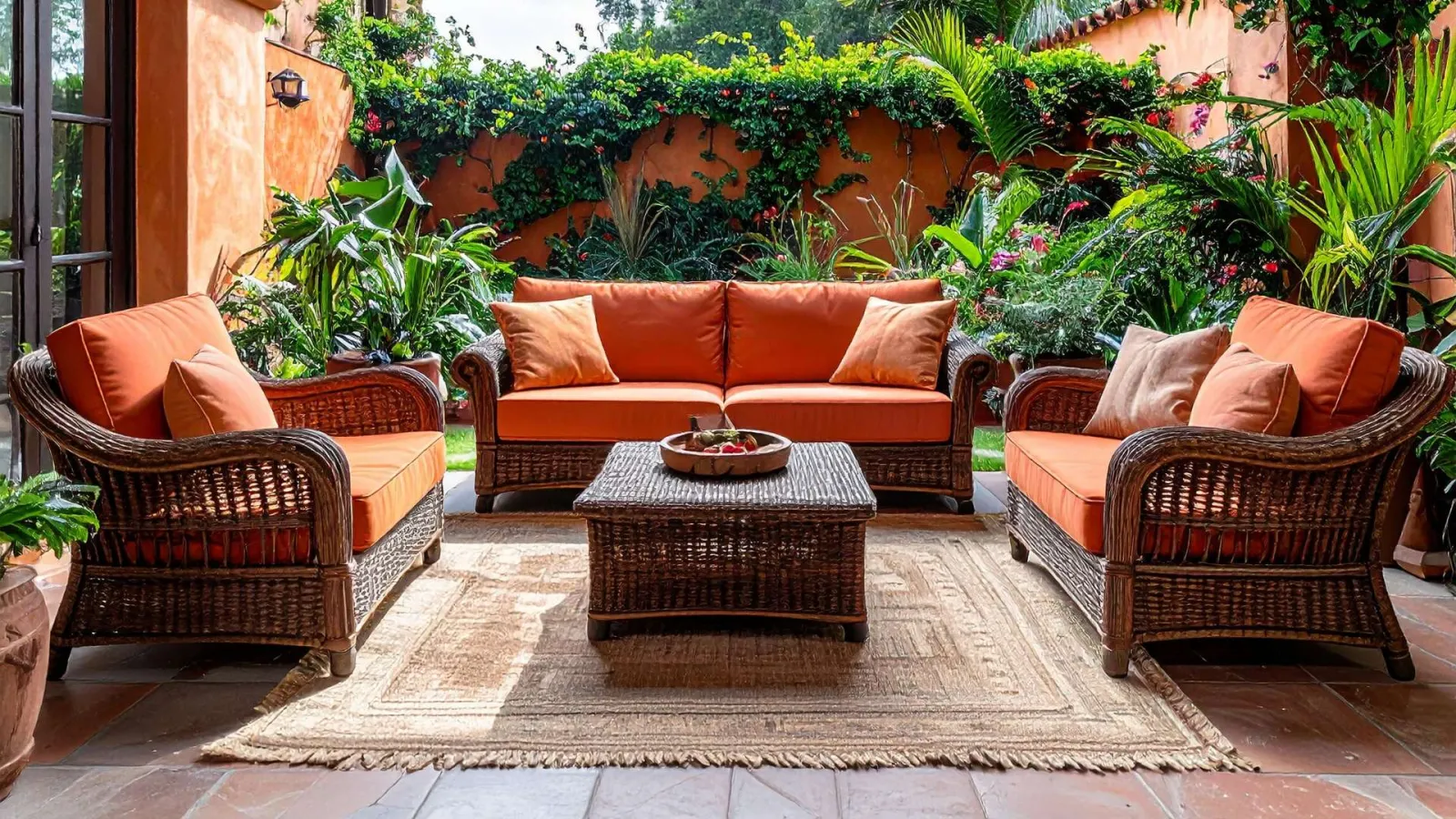 Outdoor patio with wicker furniture, orange cushions, coffee table on rug, surrounded by lush greenery and walls.