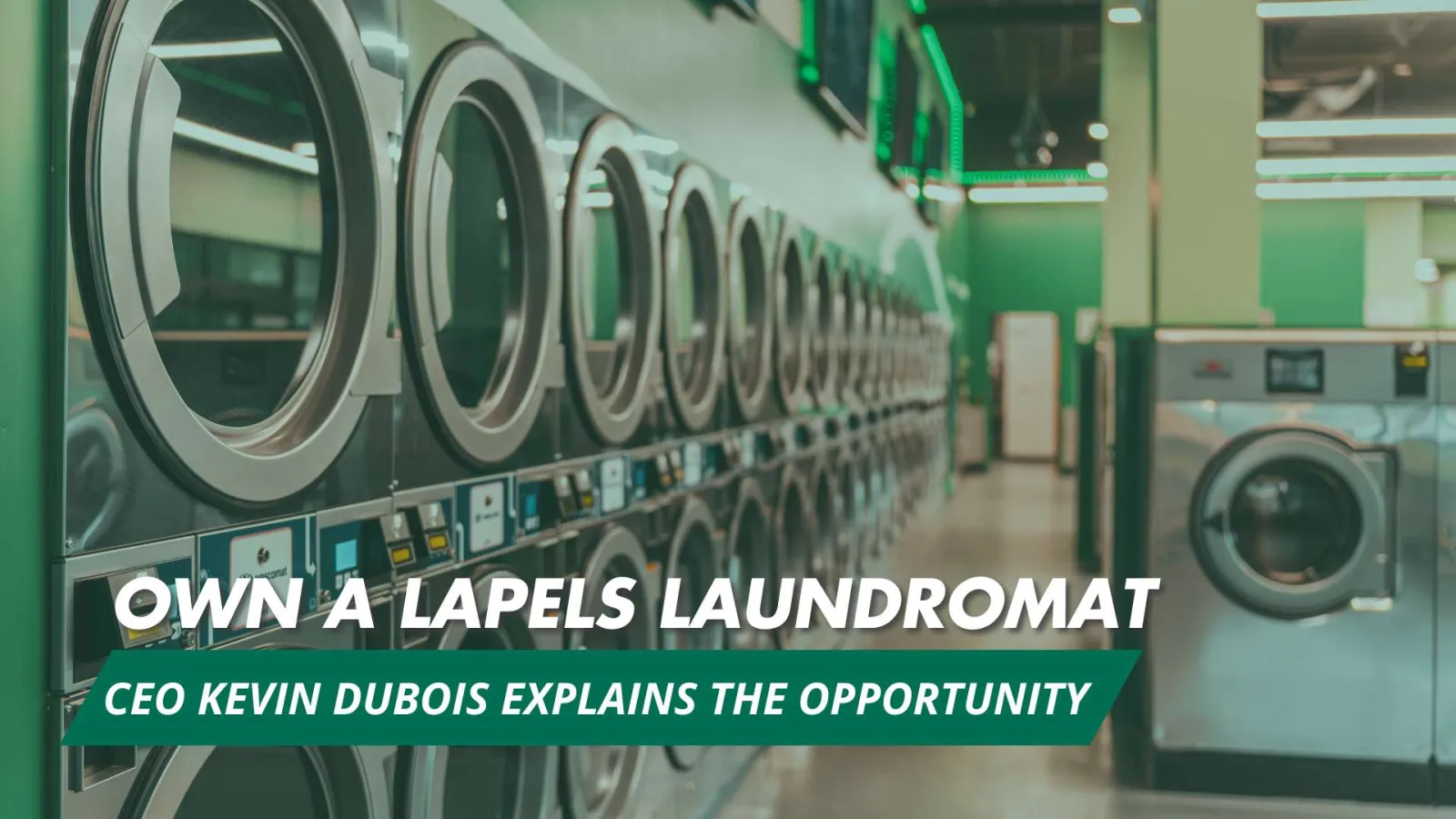 Row of industrial washing machines in a laundromat interior with green accents and promotional text overlay.