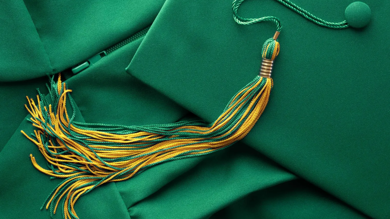 Green graduation cap with gold and green tassel on matching fabric background