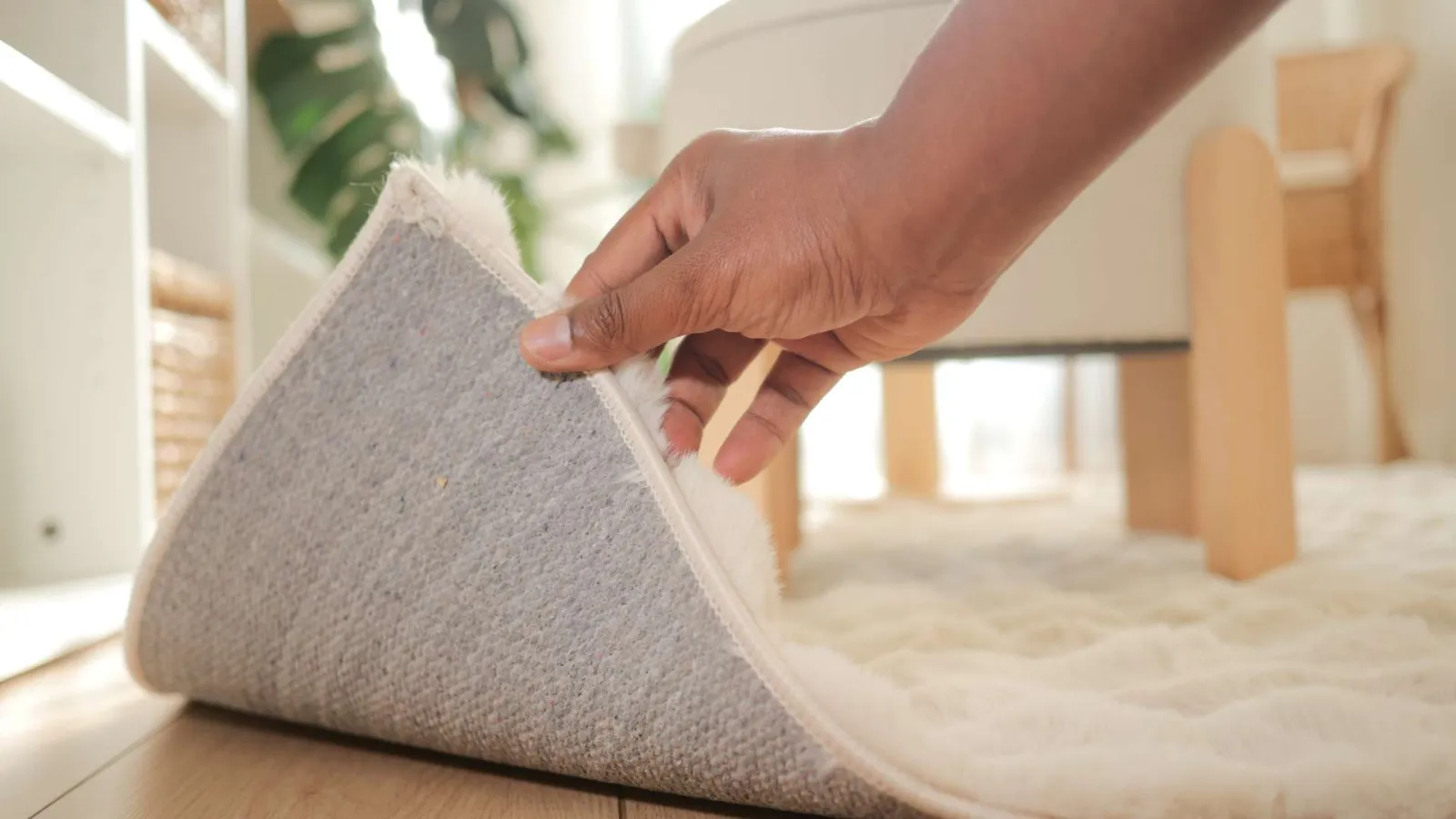 Person lifting corner of a soft, plush white rug on wooden floor in a bright living room.