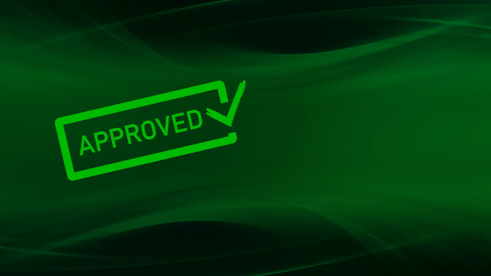 Green approved stamp with check mark on abstract dark green wavy background