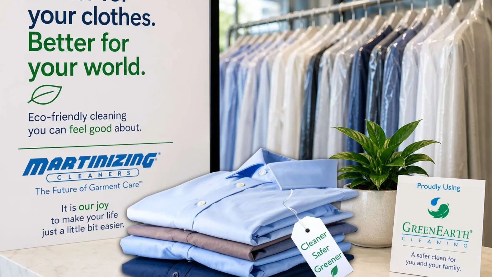 Stack of neatly folded shirts with eco-friendly cleaning sign and hanging clothes in background at Martinizing Cleaners.