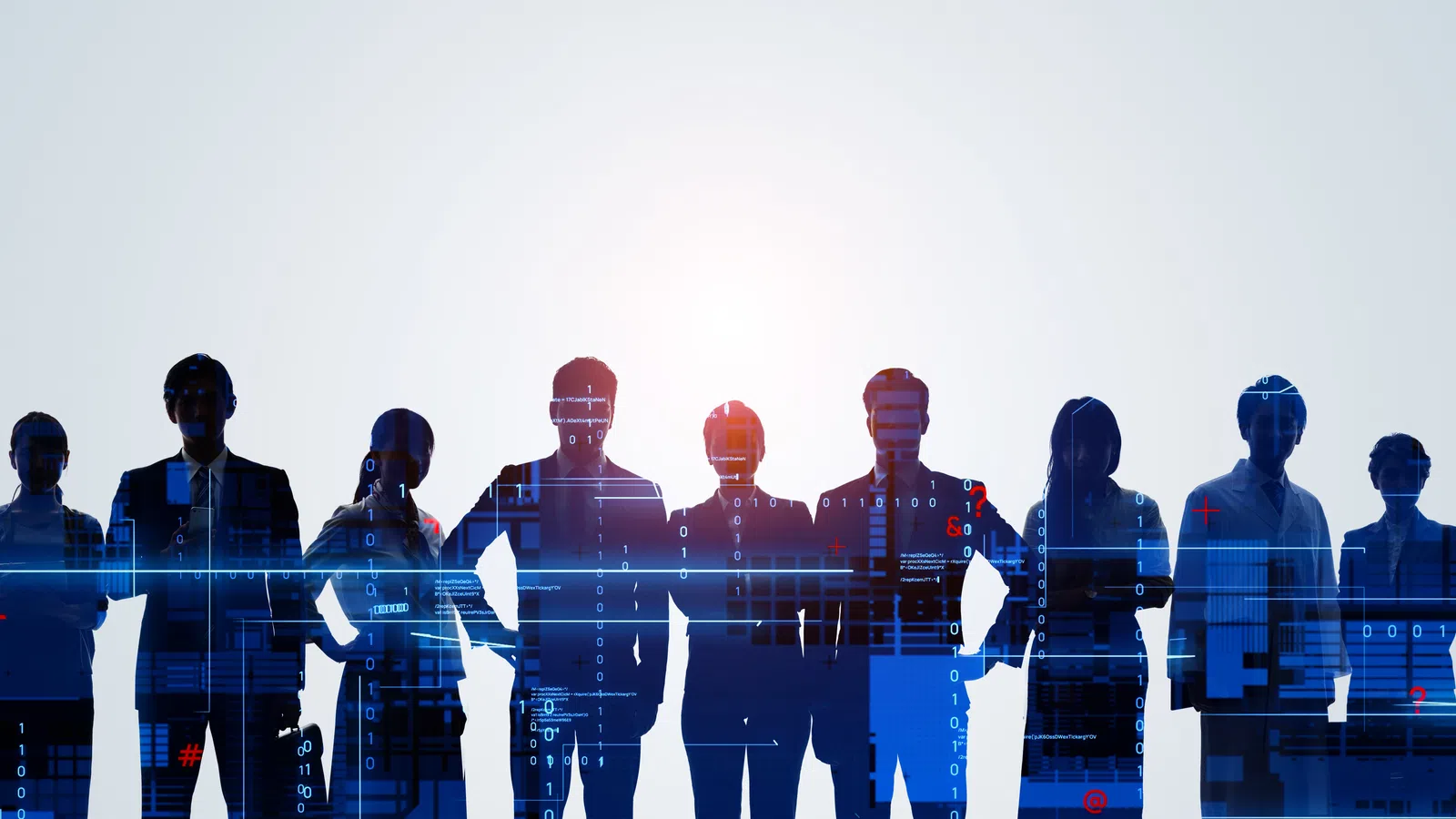 Silhouettes of diverse professionals with digital data and binary code overlay symbolizing teamwork and technology.