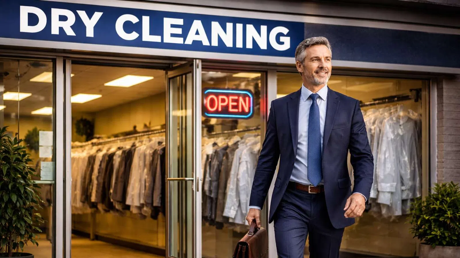 Businessman in suit carrying briefcase walking out of dry cleaning store with clothes inside and open sign visible.