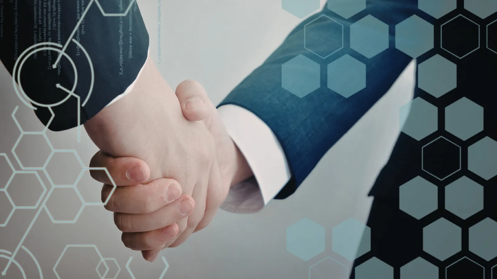 Business handshake between two people in blue suits with hexagonal graphics overlay symbolizing partnership.