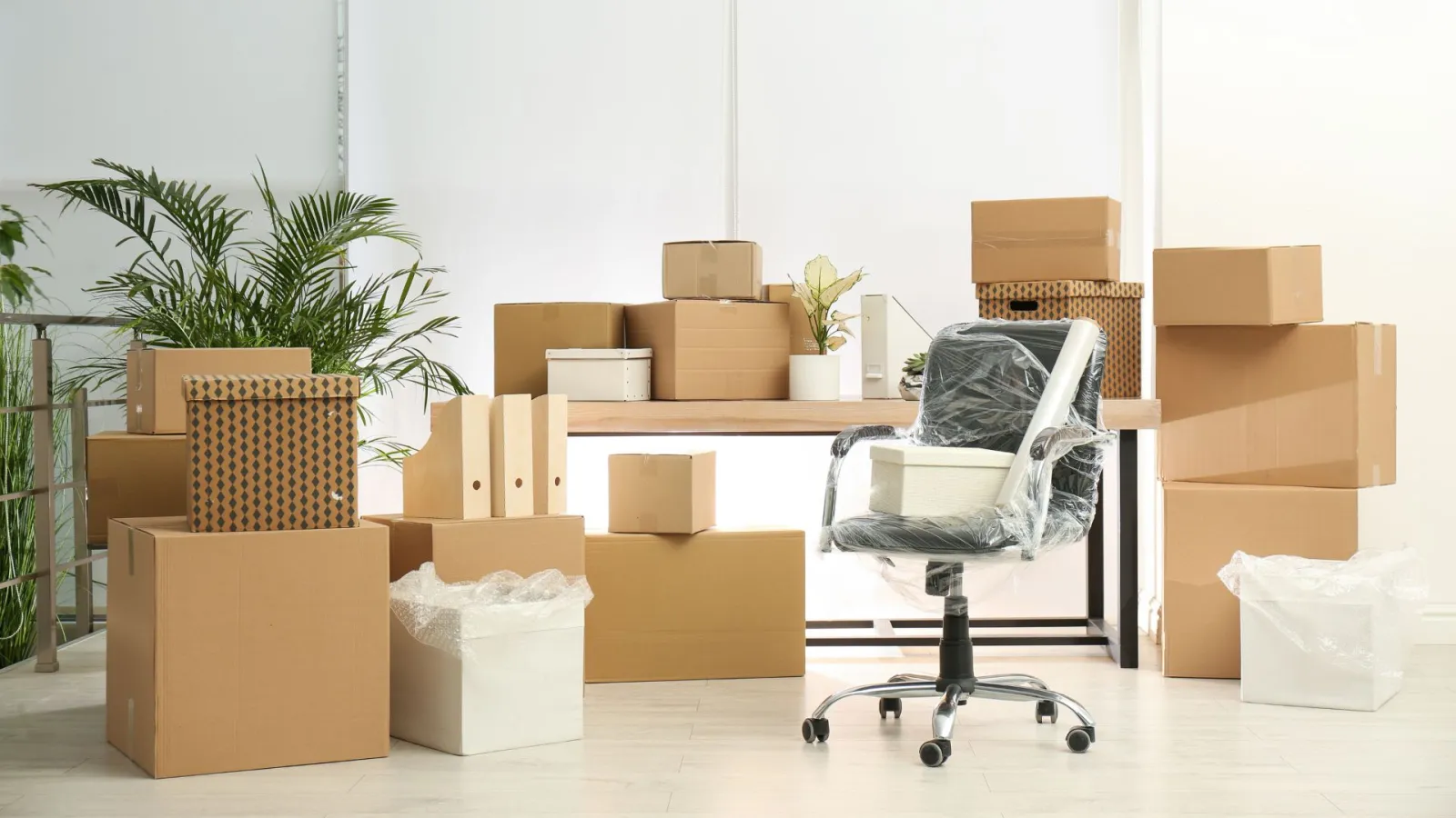 a chair and a pile of boxes