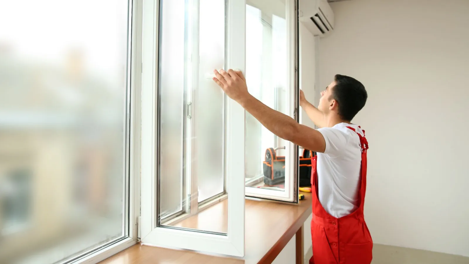 a man in a red apron pointing at a window
