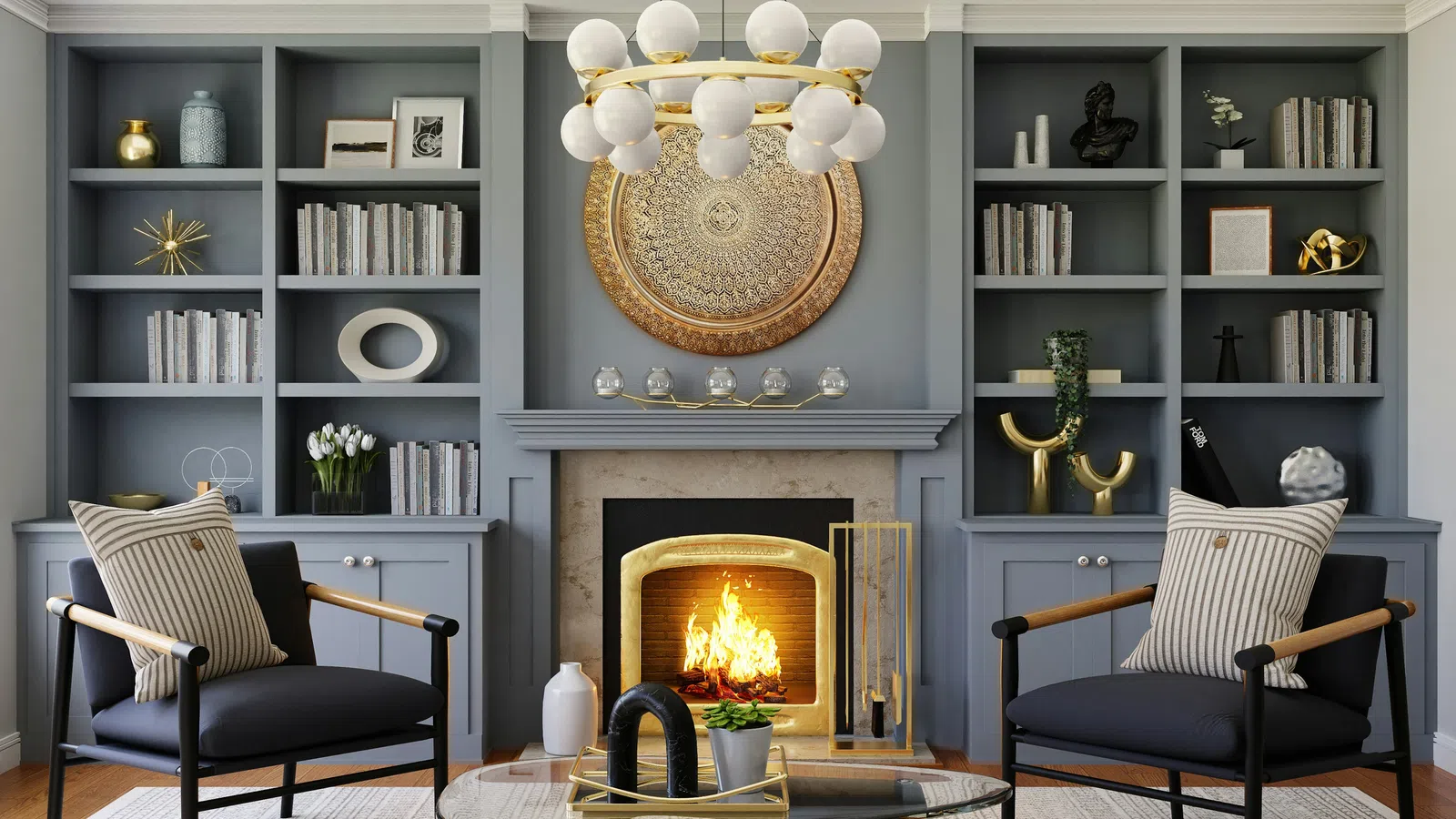 Modern living room with blue built-in shelves, lit fireplace, glass coffee table, and black armchairs with striped pillows.