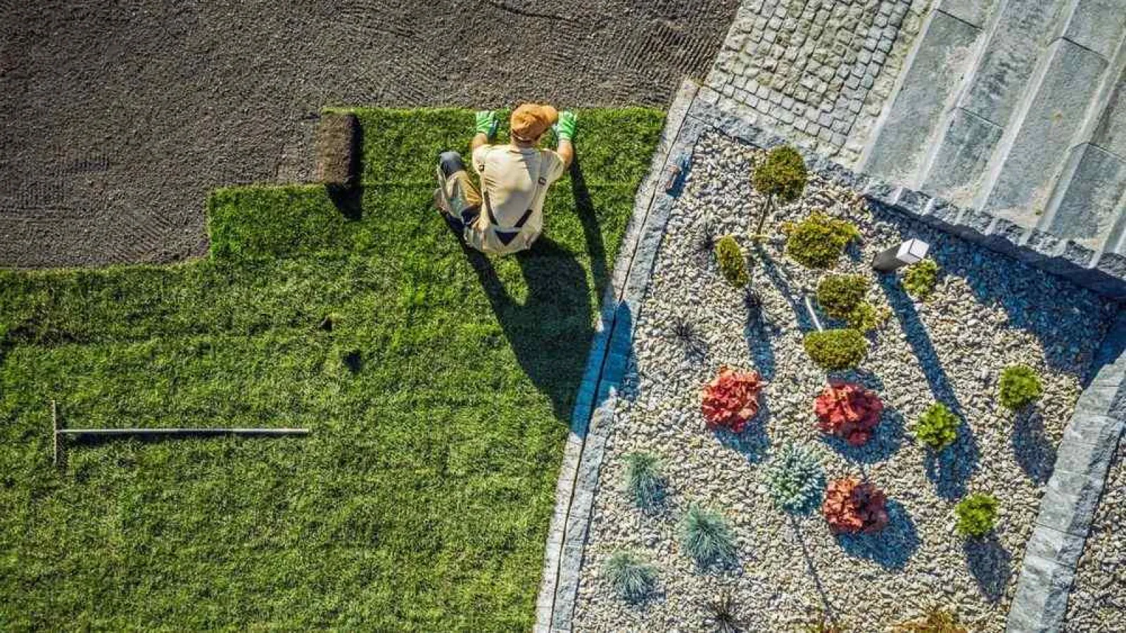 a person sitting on a bench in a yard with a garden