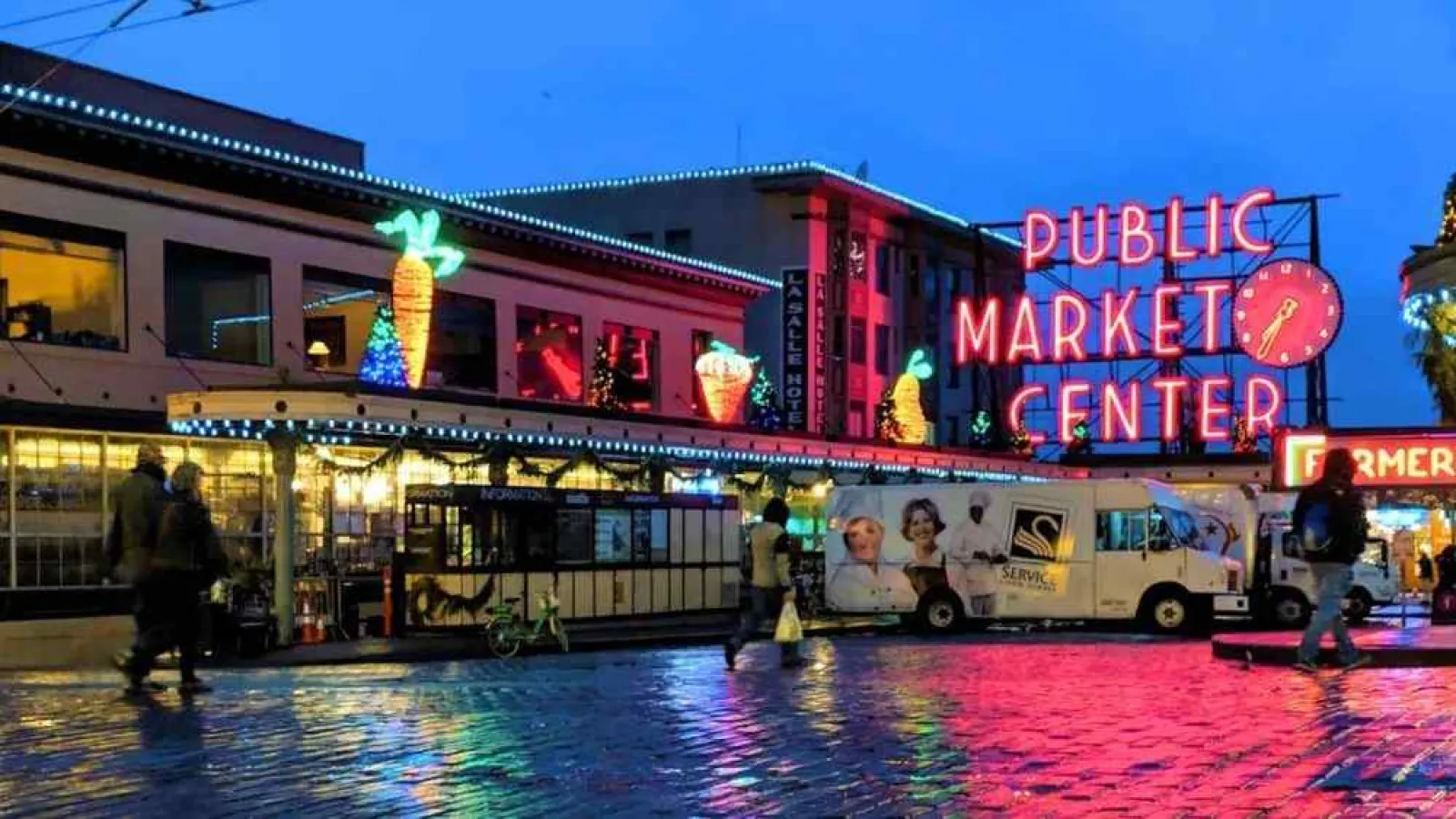 a building with neon signs