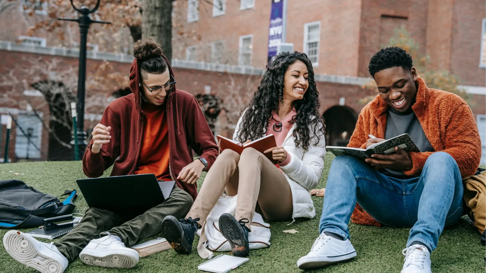 a group of people sitting on the grass looking at a laptop