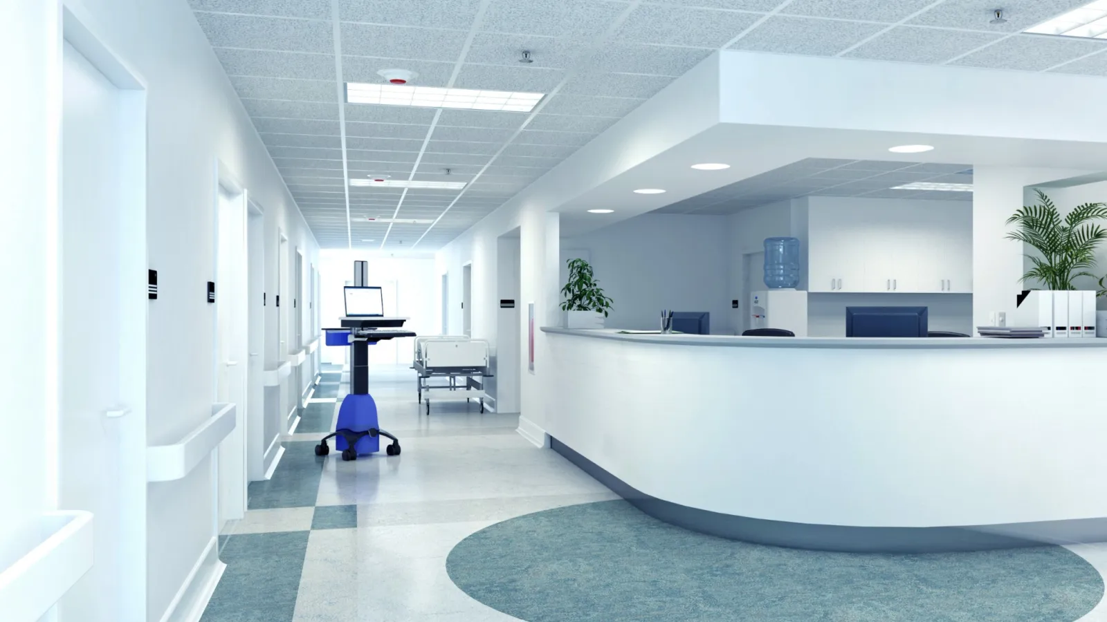 a room with a large white floor and a large white wall with a blue rug and a table